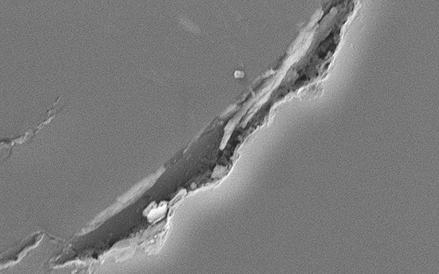 Figure 4. A secondary electron SEM image showed the finer structure of the channel opening, revealing a jagged, slit-like feature. Field of view 16 μm.