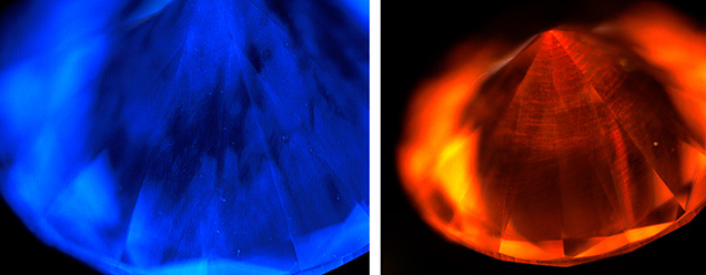 Figure 2. Left: The deep-UV (<230 nm) fluorescence image showed blue coloration (due to the presence of dislocation bundles) that appeared nominally similar to DiamondView images of natural type IIa diamonds. Right: When the fluorescence was filtered by an orange long-pass filter that blocked wavelengths below 550 nm, the NV-related fluorescence and the striations indicative of CVD growth became apparent. Image by Sally Eaton-Magaña (right).