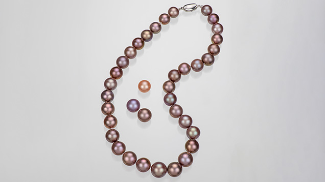 A graduated strand of “Edison” pearls in copper and bronze metallic colors, ranging from 9 to 12 mm. Also shown are three loose pearls: 10 mm peach, 11 mm purple, and 11 mm copper. Photo by Robert Weldon.