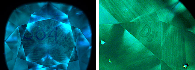 Left: The DiamondView image of the 1.93 ct CVD laboratory-grown diamond shows numbers on the table facet. Right: The 0.60 ct CVD laboratory-grown diamond shows a logo mark on the star facet. Images by Jemini Sawant.