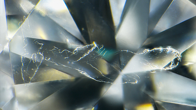 This round brilliant diamond displays twinning wisps that resemble a whale. Photomicrograph by Nathan Renfro; field of view 2.62 mm.