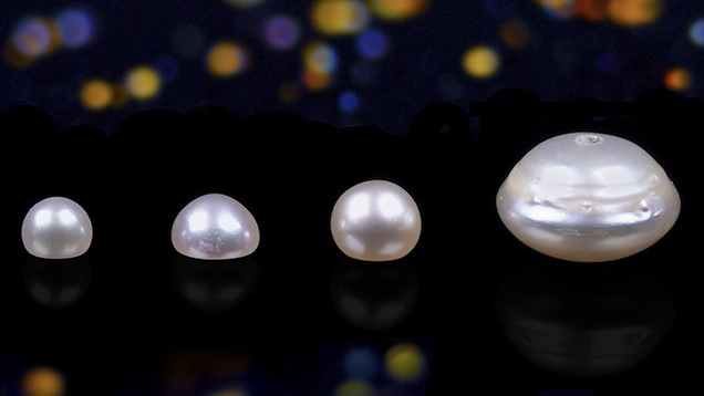 Four non-bead cultured pearls (samples 1–4, left to right) weighing 0.22 to 4.84 ct. Photo by Gaurav Bera.