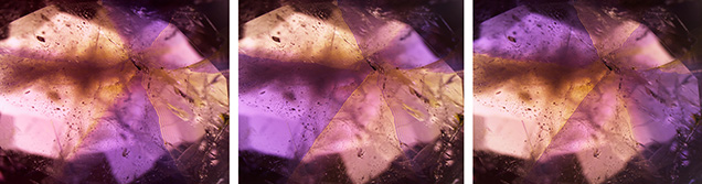 This 0.69 ct alexandrite showed a stellate structure due to cyclic crystal twinning and pleochroism, producing a kaleidoscope effect when rotated. These photomicrographs were taken with a single polarizer placed above the stone and a white diffuser below the stone to highlight the color. Photomicrographs by Makoto Miura; field of view 9.80 mm.