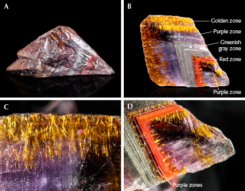 An “Auralite 23” quartz specimen displaying color zones and oriented inclusions.