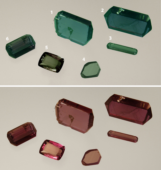 这些原石和刻面合成亚历山大变石由 Creative Crystals Inc. 生产，分别打了日光（蓝绿色）和白炽灯光。 图片来源：K. Schmetzer（《宝石学期刊》）。