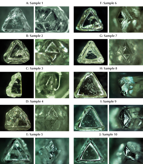 Figure 4. Outlines and distinct shapes of re-entrant corners from macle samples 1–10, with weights ranging from 0.118 to 0.185 ct, sourced from South Africa. Photos by Ahmadjan Abduriyim. Fields of view for the right images of each sample: 2.63 (A), 1.93 (B), 2.49 (C), 2.04 (D), 1.32 (E), 1.67 (F), 1.56 (G), 1.70 (H), 1.70 (I), and 2.10 (J) mm.