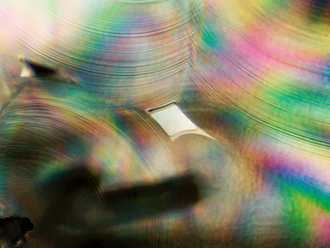 High-order interference colors observed around a fluid inclusion.