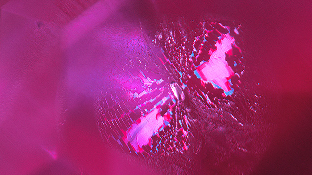 The rectilinear zigzag-patterned fingerprint and the negative crystal in the center are reminiscent of a beautiful “cyber” butterfly trapped in this 2.56 ct purple sapphire. Photomicrograph by Yuxiao Li; field of view 2.60 mm.