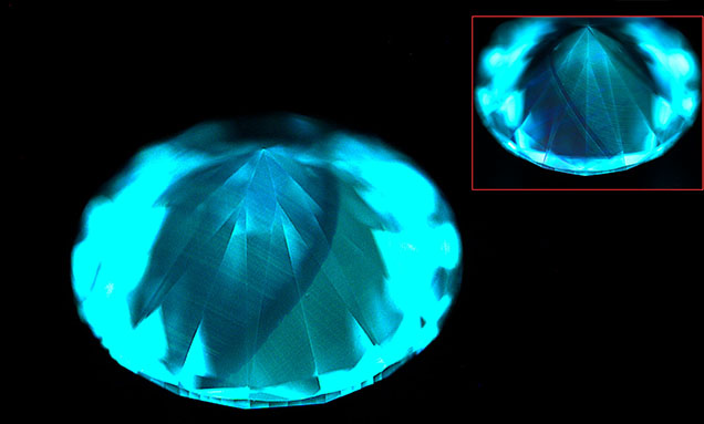 DiamondView imaging of the pavilion facets for this HPHT-treated natural diamond shows graining and zoning that resemble those of a laboratory-grown CVD diamond with HPHT treatment. The inset shows the DiamondView image of an HPHT-treated CVD-grown diamond. Images by Jemini Sawant.