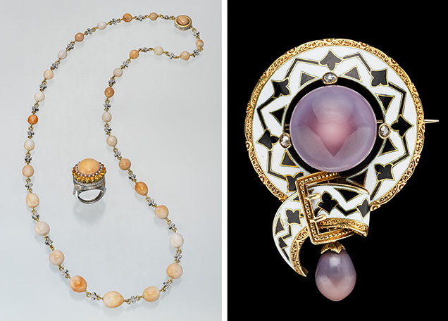 Figure 3. Left: Cassis pearl necklace and convertible ring/brooch designed by Jim Grahl. Right: “Golash” brooch featuring fine quahog pearls. Photos by Robert Weldon; courtesy of the Somewhere in the Rainbow collection.