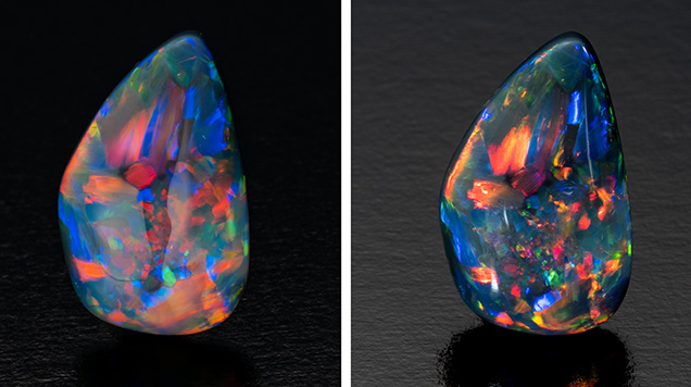 A 10.65 ct black opal from Lightning Ridge shown in diffused and direct lighting.