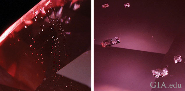 Figure 11. One of the faceted spinels contained a plane of negative crystals (left, magnified 50×) and a group of euhedral crystals (right, magnified 20×).