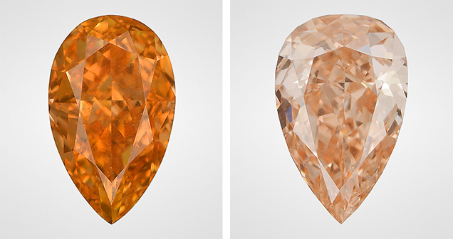 Figure 1. A 0.16 ct Fancy Vivid orange pear (left) and 0.23 ct Fancy Intense orange pear (right). Photos by Towfiq Ahmed.