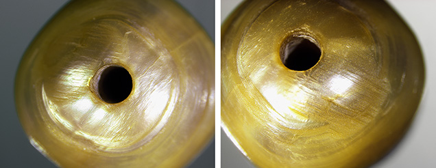 Figure 2. Two of the samples showing uneven surface coloration and color concentrations around the large drill holes. The worked surfaces around the drill holes are also clearly visible. Photos by Jayesh Surve; field of view 6.00 mm.