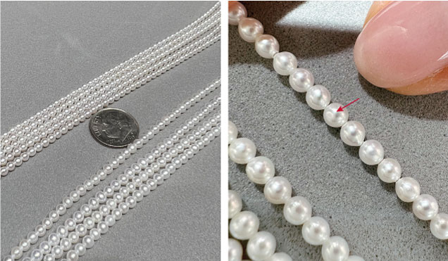 Figure 2. Left: Small round freshwater bead cultured (BC) pearls (top group of strands) and small round Japanese akoya BC pearls (bottom strands) appear very similar at first glance. Right: Upon closer inspection, the freshwater pearls more often show a rounded flat surface feature. Photos by Artitaya Homkrajae and Lisa Kennedy; courtesy of American Pearl Company Inc.