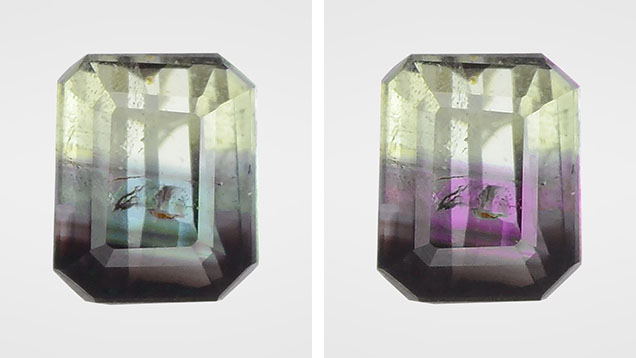 Figure 1. This 0.73 ct octagonal step cut was composed of chrysoberyl and alexandrite. The alexandrite portion showed a color change from blue-green in fluorescent light to red-purple in incandescent light. Photos by Shunsuke Nagai.