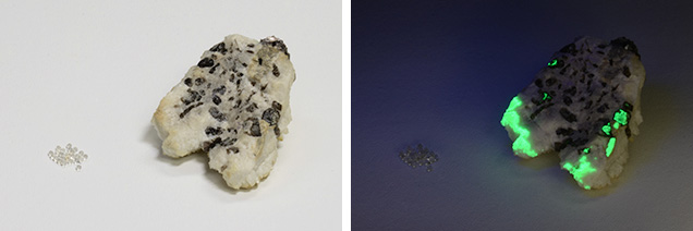Japanese hyalite in daylight and short-wave UV light.