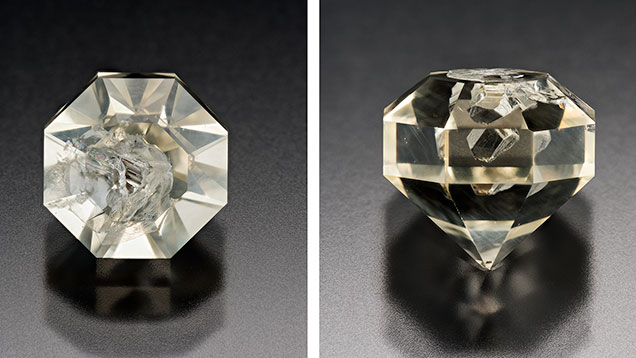 Step-cut labradorite with olivine inclusion