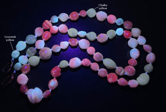 Figure 3. The Pteria, Pinctada, and Pinna pearls displayed distinct fluorescence colors under long-wave ultraviolet radiation: orangy red to red (Pteria), green to greenish yellow (Pinctada), and chalky yellow (Pinna). Photo by Artitaya Homkrajae.