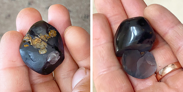 Large gray spinel before and after cutting.