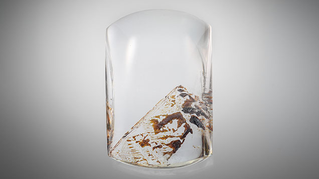 Figure 1. This 182.19 ct quartz cabochon hosts a brownish orange phantom with a netlike structural form. Photo by Adriana Robinson.