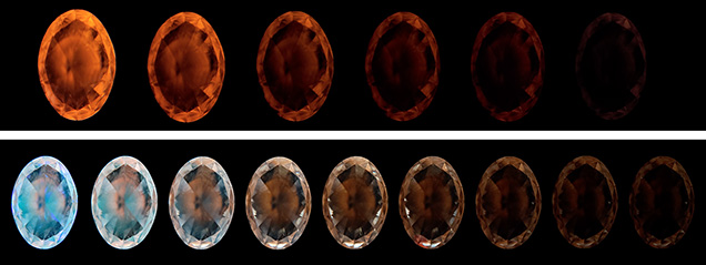 Figure 1. Top: A series of images showing the gradual change (left to right) in the phosphorescence of the 0.71 ct HPHT-grown colorless diamond after removing it from the LWUV source (left image) in increments of 30 seconds for 150 seconds (right image). Bottom: The gradual change in phosphorescence after exposure to a SWUV source (left image) in increments of 30 seconds. The greenish blue and orange emissions decay differently, with the blue fading faster (~90 seconds, fourth image from left) than the orange (~240 seconds, right image). Images by Guy Borenstein.