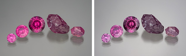 Pink pyrope garnet seen under incandescent and daylight-equivalent light