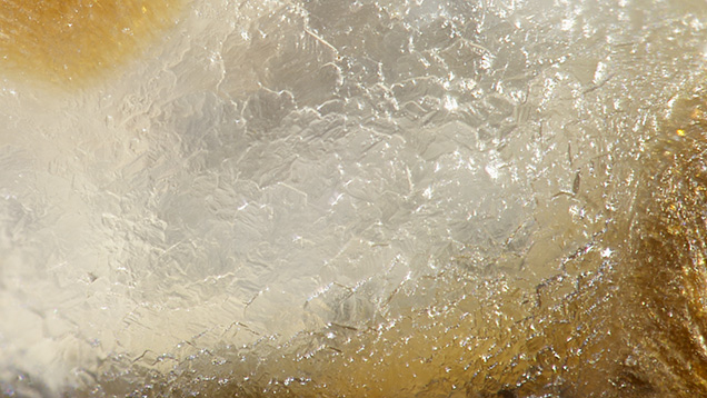 A “frozen river” caused by an overlay of aragonite crystals on the surface of a nacreous pearl from an Atrina mollusk. Photomicrograph by Kwanreun Lawanwong; field of view 1.80 mm.