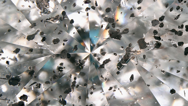 Numerous metal sulfide crystals scattered throughout a 3.05 ct Fancy Light gray diamond. Photomicrograph by Michaela Damba; field of view 14.52 mm.