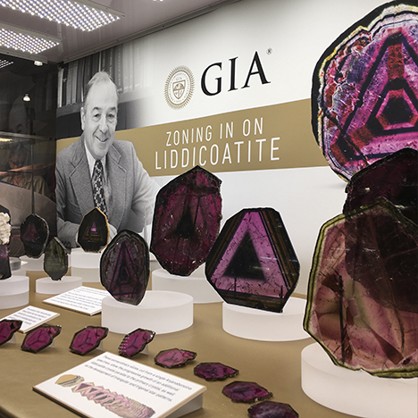 GIA Museum display on liddicoatite tourmaline at the 2018 Tucson Gem and Mineral Show.