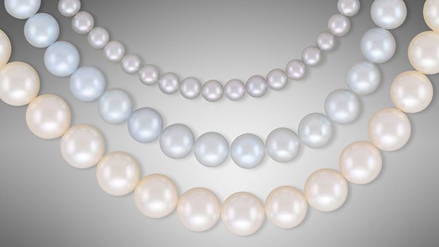 Figure 1. Strands of freshwater bead cultured pearls acquired at the Hong Kong show (top) and freshwater BC pearls submitted for identification (middle) are shown with a strand of 6.60 mm akoya bead cultured pearls (bottom) for comparison. Photo by Adriana Robinson.