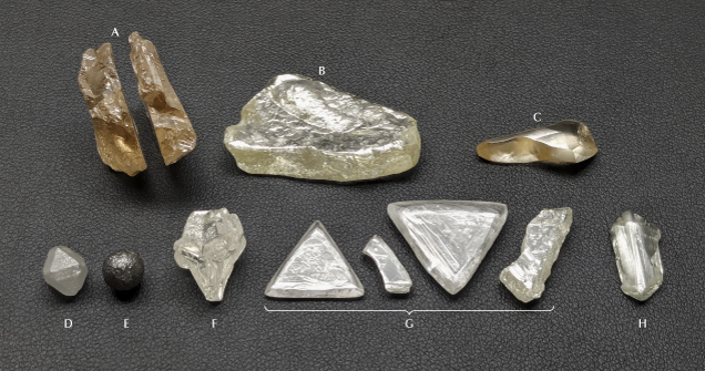 Figure 1. Examples of rough diamonds with shapes governed by various combinations of growth, breakage, and resorption: a diamond broken cleanly along a flat plane by cleavage (A); irregular broken fragments smoothed by resorption (B and C); cuboctahedron (D), ballas (E), and re-entrant cuboid (F) shapes produced during diamond growth; two macles resulting from twinned crystal growth, along with two fragments resulting from macle breakage (G); and an elongate fragment representing an edge broken from an octahedron crystal, with the former octahedron corners forming the ends (H). Specimens range from 1.08 to 28.08 ct, with the largest specimen measuring 27 mm in length. Photo by Evan M. Smith.
