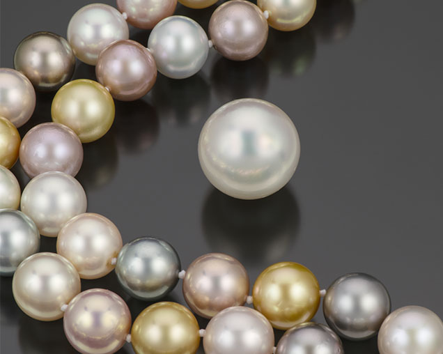 Figure 5. Mixed strand of 79 pearls ranging from 11.8 to 14.8 mm, consisting of pink Chinese freshwater, black Tahitian, golden Indonesian, and white Australian bead cultured pearls. Also pictured is an exceptionally large 20.4 mm South Sea bead cultured pearl, weighing 12 g. Photo by Robert Weldon; courtesy of Yoko London.