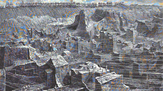 An early black and white photo that shows deep trenches dug into the ground in the search for diamonds. Ladders and ropes help the miners excavate and traverse the mine.