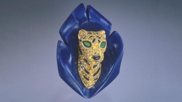 Lapis Lazuli. This striking tiger brooch is a creation of Cartier, New York, the famed design house. Its dramatic appearance features yellow diamonds, black onyx, lapis lazuli, and platinum. - GIA and Harold & Erica Van Pelt, courtesy Ishaia Trading Corp., New York.