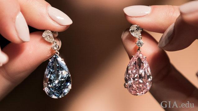 The Apollo and Artemis diamonds, twin fancy colored diamonds of 14.54 cts and 16 cts, respectively, sold for $57 million at Sotheby’s Geneva auction in May. Photo courtesy of Sotheby’s The Apollo and Artemis diamonds, twin fancy colored diamonds of 14.54 cts and 16 cts, respectively, sold for $57 million at Sotheby’s Geneva auction in May. Photo courtesy of Sotheby’s