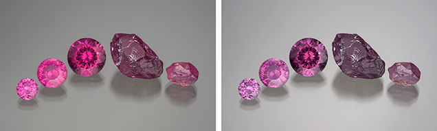 Pink pyrope garnet, shown under incandescent and daylight-equivalent light