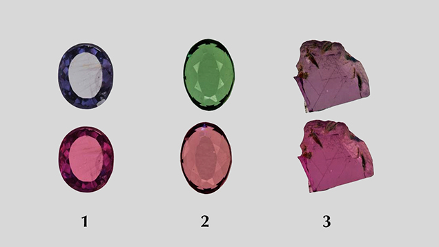 F15-Sun-Figure-13-636x358.jpg. Polished “color-change” pyrope garnet wafers under daylight-equivalent and incandescent light