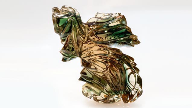 这件美妙绝伦的水鸭绿色凹槽雕刻品将 Sunstone Butte（日光石小山）矿闻名世界的色彩表现得淋漓尽致。 — Robert Weldon（罗伯特·韦尔登）