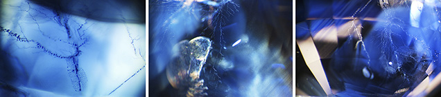 Dendritic inclusions in a heated blue sapphire. Dendritic inclusions in a heated blue sapphire.