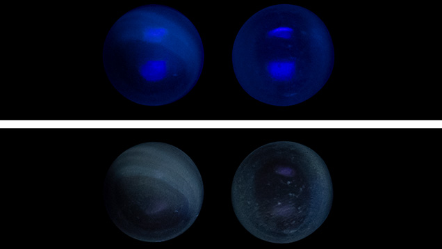 Beads under long-wave and short-wave UV. Beads under long-wave and short-wave UV.