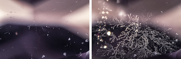 Zircon crystals and rutile needles (left) and dendritic inclusions (right) in sapphire. Zircon crystals and rutile needles (left) and dendritic inclusions (right) in sapphire.