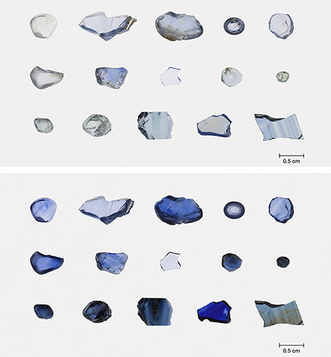 Blue sapphires before and after heat with pressure treatment. Blue sapphires before and after heat with pressure treatment.