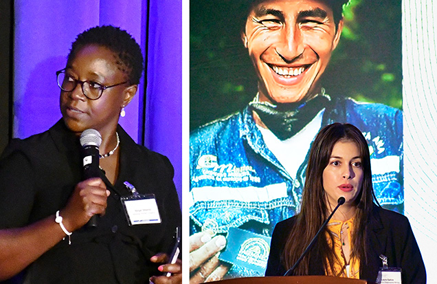 Figure 2. Left: Abigail Sibanda describes efforts by the Marange Women’s Alliance to help women and girls in Zimbabwe. Right: Laura Galvis (ARM) speaks about Fairmined-certified projects combining gold mining and agriculture in Colombia. Photos courtesy of RJT.