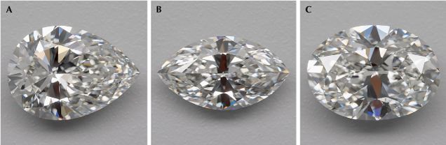 Figure 2. The patterns seen in oval-, pear-, and marquise-shaped diamonds often include a bow tie and areas of crushed ice. A: Pear shape RD133 shows a thin bow tie across the belly and small crushed ice in the point. B: Marquise RD101 displays a medium bow tie and medium to small crushed ice in both points. C: Oval RD118 has a strong bow tie and two arcs of medium to small crushed ice.