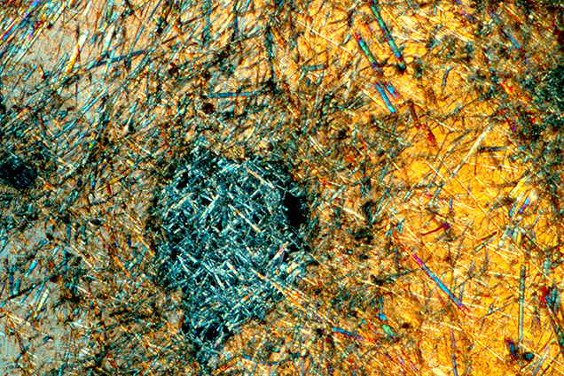 Figure 2. Under cross-polarized light, numerous prismatic inclusions are distributed within the 4.85 ct sphere. Photomicrograph by Rong Liang; field of view 2.15 mm.