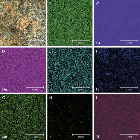 A series of images showing mineral compositions: A is a textured rock, B-I display elemental maps for Al, Ca, Mg, Na, Fe, Mn, K, and Ti.