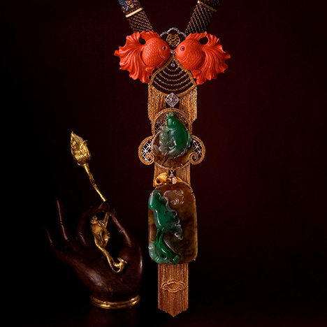 Green jadeite and red coral necklace