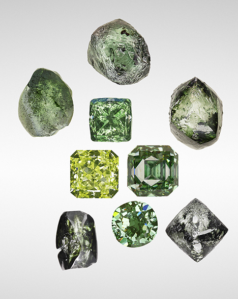Rough and faceted natural-color green diamonds. Rough and faceted natural-color green diamonds.