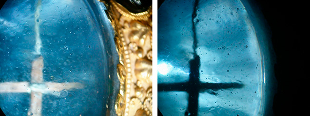 Wooden cross and silk thread can be seen in these photos of the glass cabochon. Wooden cross and silk thread can be seen in these photos of the glass cabochon.